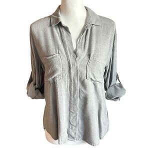 Cloth & Stone Anthropologie Shirt Women's XS Gray Roll Tab Sleeve Button‎ Down